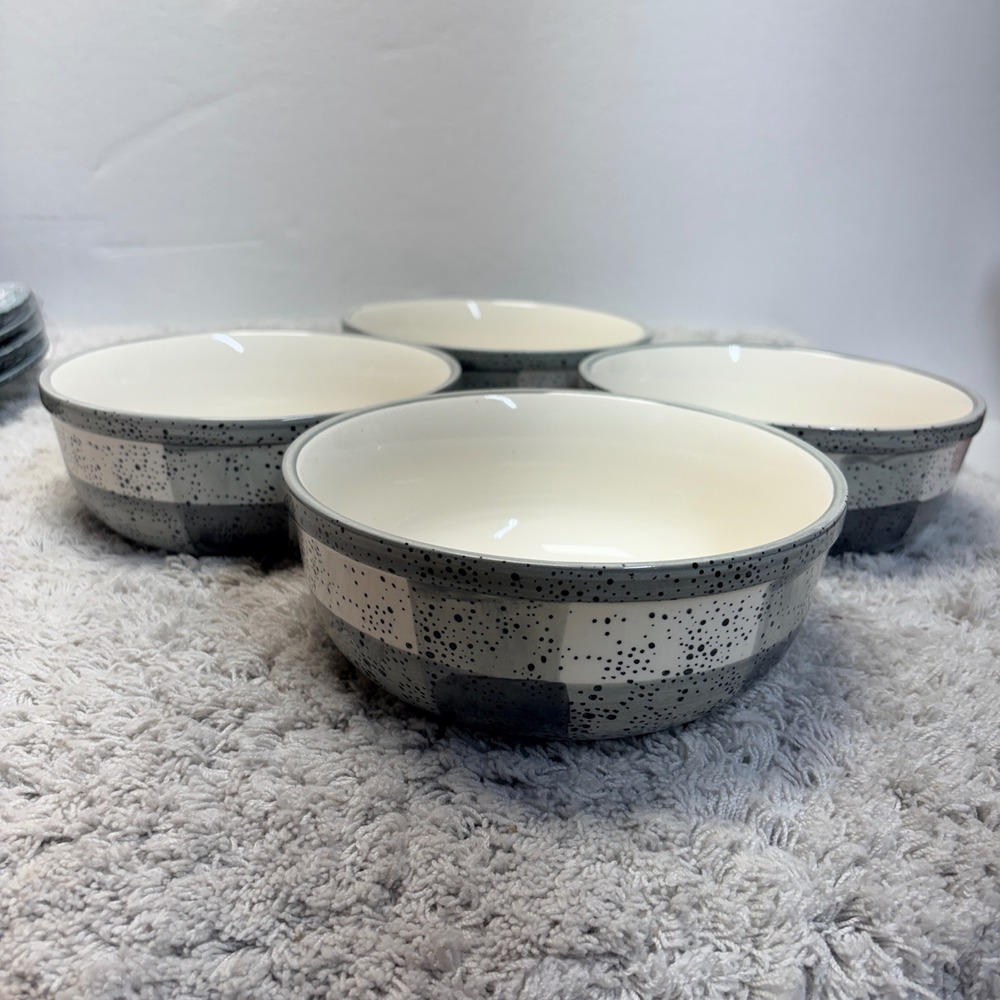 Baum Vale Grey White Buffalo Plaid Speckled China Cereal Bowls Set of 4